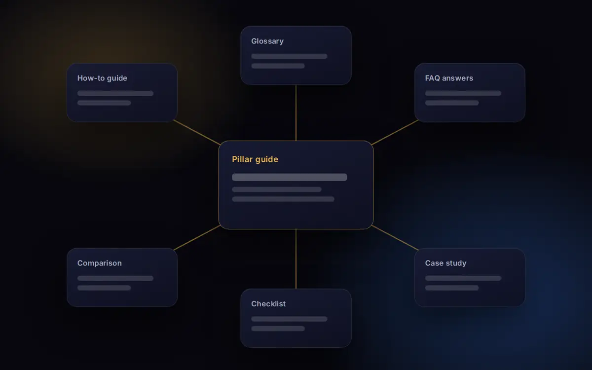 Illustration of a content plan with topic clusters linking a pillar guide to supporting articles