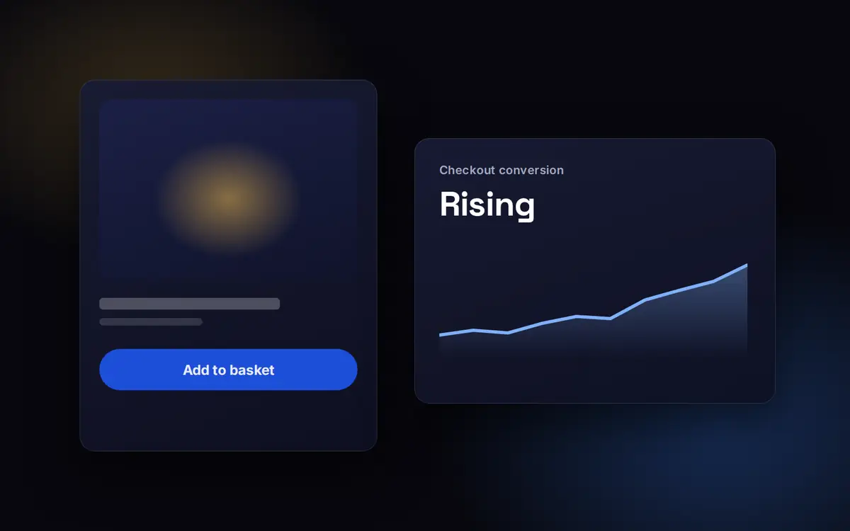 Illustration of an online store product card and a short checkout with conversion rate rising