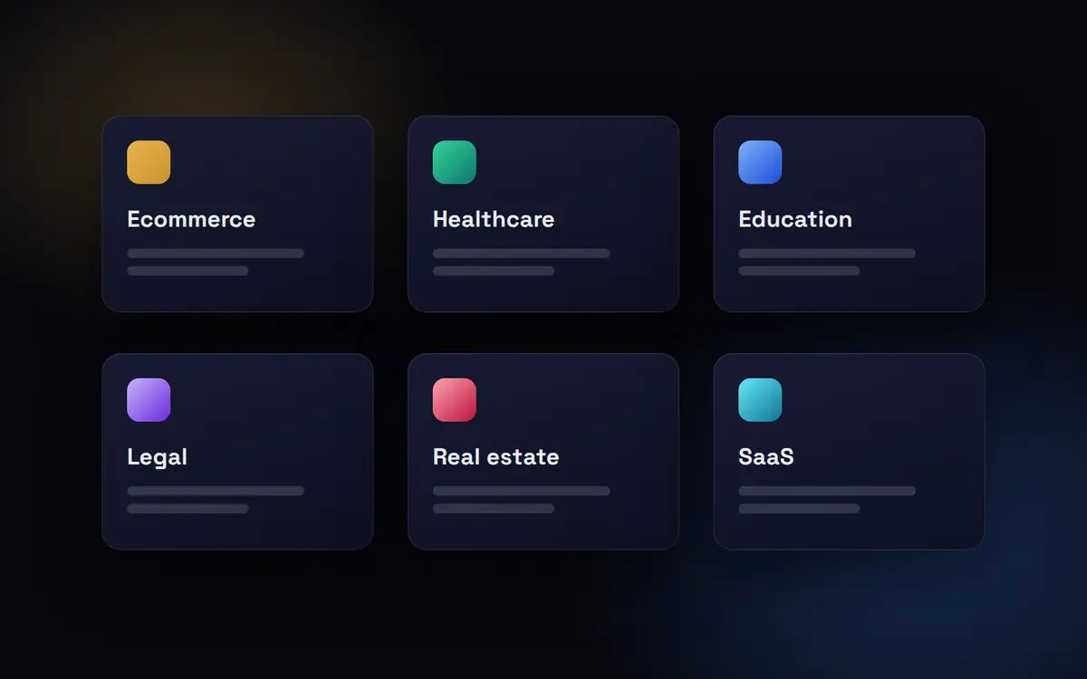 Illustration of a set of industry playbook cards for ecommerce, healthcare, education, legal, real estate and SaaS