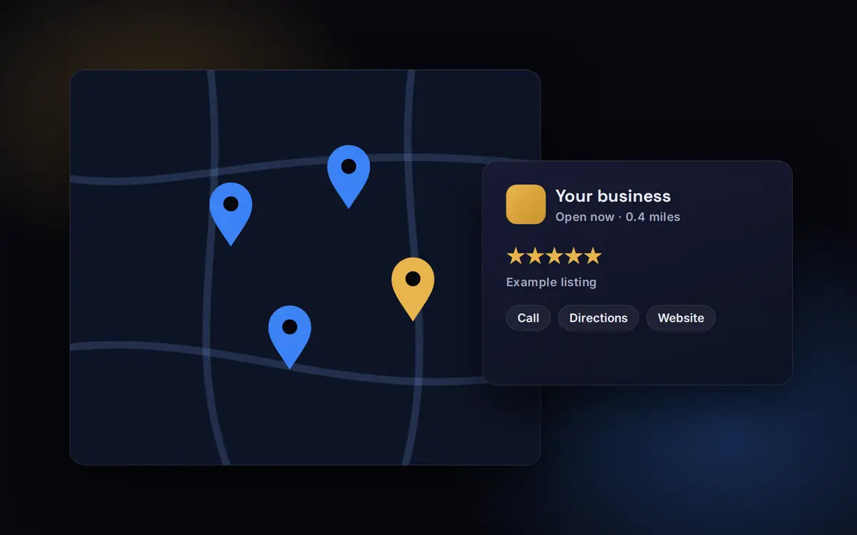 Illustration of a local search map with business pins and a highlighted listing with five-star reviews