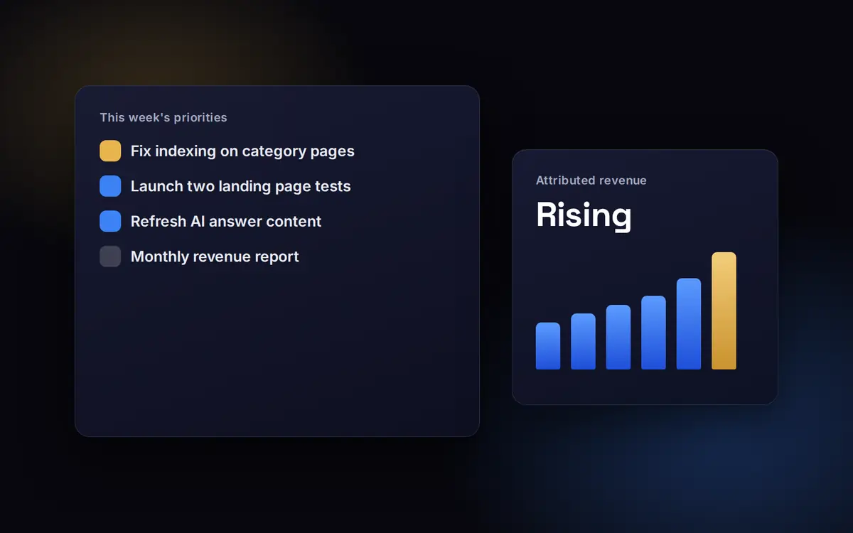 Illustration of a senior marketing team workspace with a strategy board, weekly priorities and a revenue report