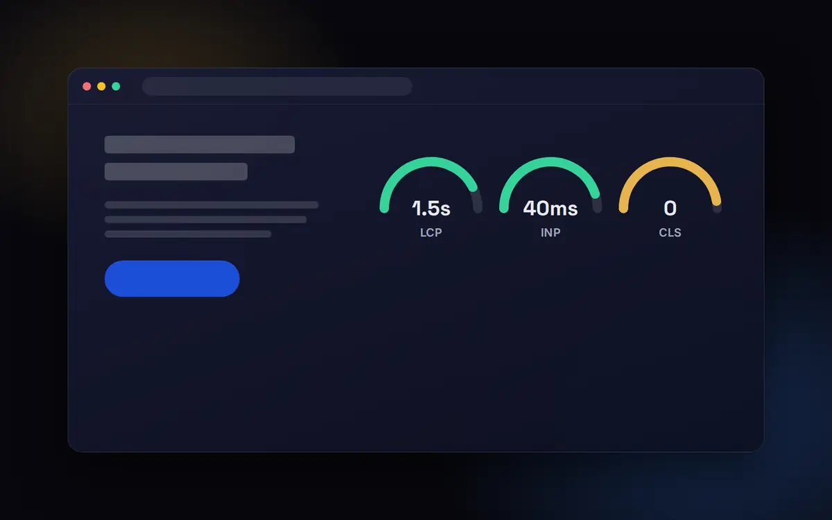 Illustration of a fast website in a browser window with Core Web Vitals gauges for LCP, INP and CLS all in the good range
